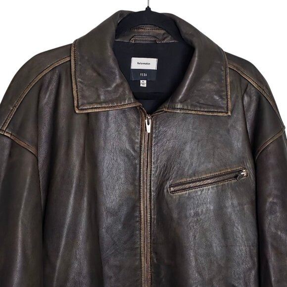 Reformation‎ Veda Marco Pitstop Brown Leather Oversized Bomber Jacket Size XL - Picture 6 of 16
